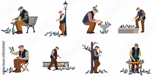 Set of flat vector illustrations depicting an elderly man feeding pigeons in various outdoor park settings isolated on a white background.