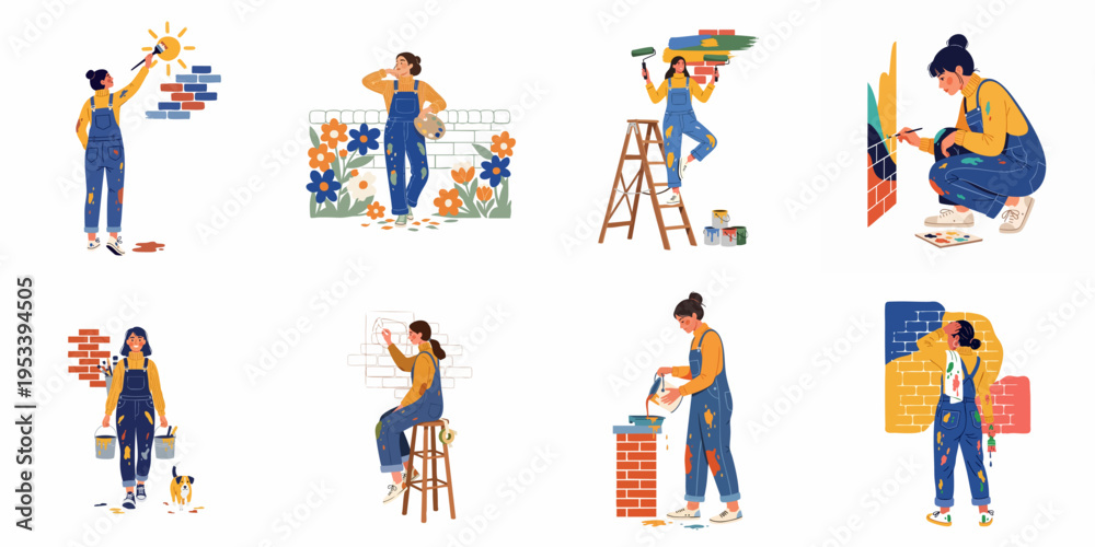 Fototapeta premium Creative female artist character set in denim overalls painting murals, walls and garden scenes with brushes, rollers and paint buckets.