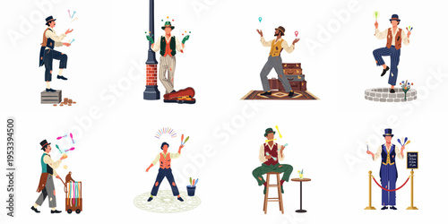 Set of vintage-style street performer characters juggling with various props like clubs and pins in different outdoor settings.