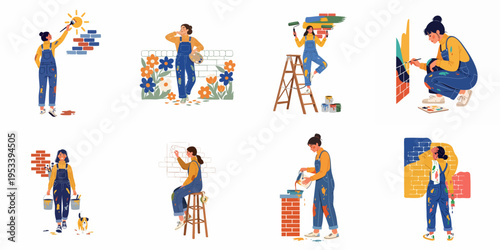 Creative female artist character set in denim overalls painting murals, walls and garden scenes with brushes, rollers and paint buckets.