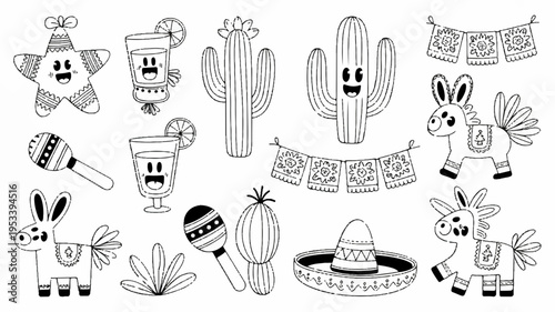 Mexican holiday cartoon illustrations with cactus donkey sombrero and festive decorations