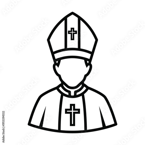 Line drawing of a christian priest or bishop wearing a mitre and cross  religious symbol icon