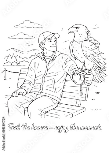 coloring book Feel the breeze — a handler relaxes on a bench with an eagle enjoying the outdoors