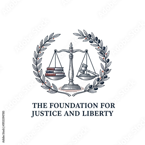 Justice and Liberty Symbol with a Balance Scale Books Gavel and Olive Wreath