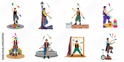 Collection of Vintage Style Street Performers and Jugglers Entertaining in Various Urban and Stage Settings