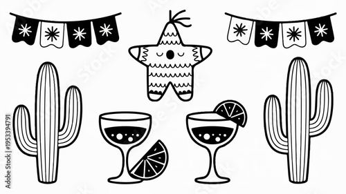 Monochrome cartoon clipart of festive margaritas with cacti and a smiling star decoration