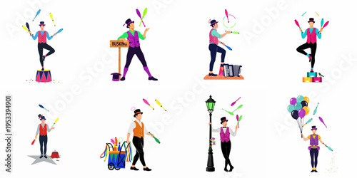 Set of flat vector illustrations featuring various male jugglers and street performers busking with colorful juggling clubs, balloons, and musical instruments.