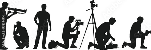 videographer, cameraman, filming, silhouette, camera, tripod, video, production, media, crew, shooting, equipment, cinema, recording, filmmaking, operator, studio, vector, illustration, isolated