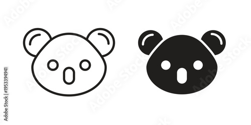 Koala head icon symbols, Solid black and editable stroke icons