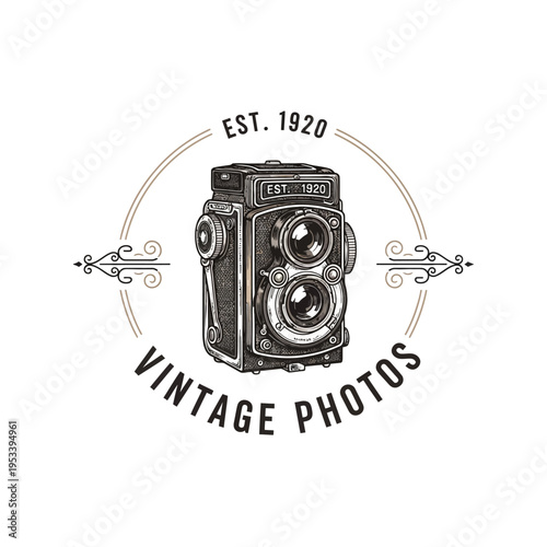 Vintage Retro Twin Lens Reflex Camera Photography Emblem Design Established 1920
