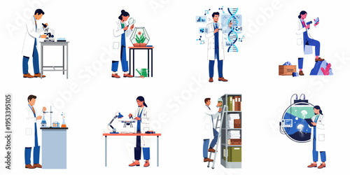 Set of diverse scientific professionals and researchers conducting experiments in various fields such as biology, chemistry, genetics, and engineering.