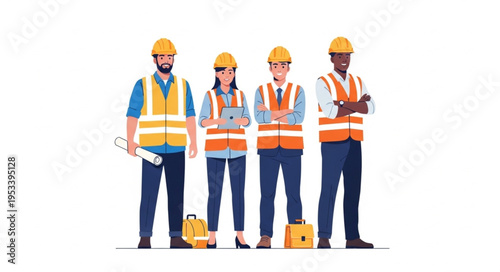 Diverse construction workers team wearing hard hats and safety vests.