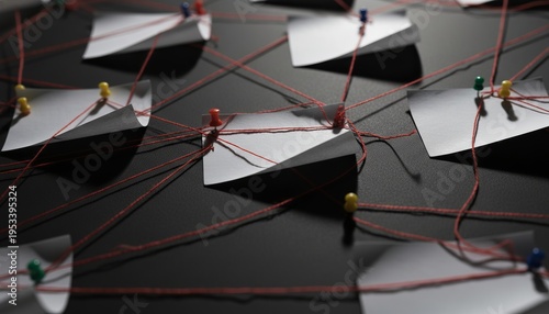 Blank white cards connected by red threads and pins on dark board showing network investigation concept