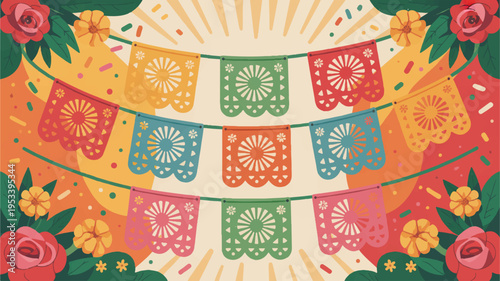 Vibrant cinco de mayo festival banner with colorful papel picado flowers and sunburst background for party decoration