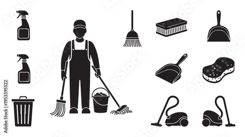 Set of 13 cleaning icons vector, janitor tools