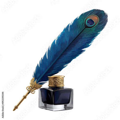 Quadro su tela Classic Style: Antique Peacock Feather Pen and Gold Ink Bottle