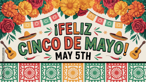 Vibrant cinco de mayo celebration banner with sombreros flowers and guitars for party decor