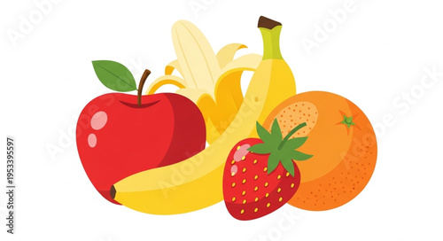 Assortment of Fresh Fruits Including Apple Banana Orange Strawberry.