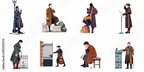 Collection of Victorian Gentlemen in 19th-century attire, character set of men in vintage coats, hats, and historical costumes on white background.