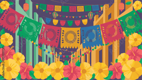 Vibrant colorful flags and paper banners hang amidst bright flowers in a lively festive scene