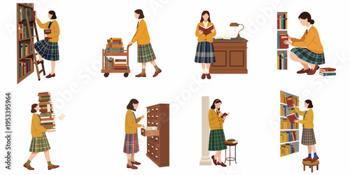 Illustrations of a schoolgirl student engaged in various library activities like reading, carrying books, organizing shelves, and researching, isolated on a white background.