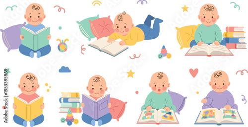 Cute Baby Reading Books Collection with Newborn Infants Sitting Lying and Learning with Story Books in Cartoon Vector Illustration Style.