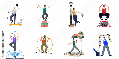 Collection of Eight Male Circus and Street Performers in Vintage Costumes Isolated on White Background