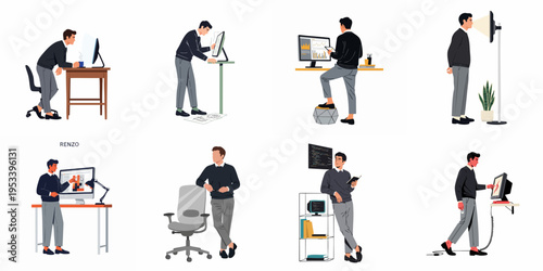 Set of flat illustrations featuring a businessman or office worker in various professional poses, working at desks, standing, and using technology.