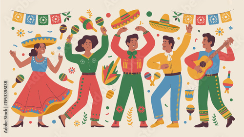 Vibrant mexican celebration scene with people dancing playing guitar and enjoying traditional food drinks and festivities