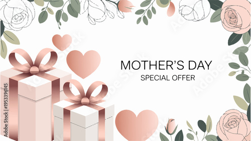 Mother's day special offer banner with gifts hearts and flowers in a modern minimal vector style