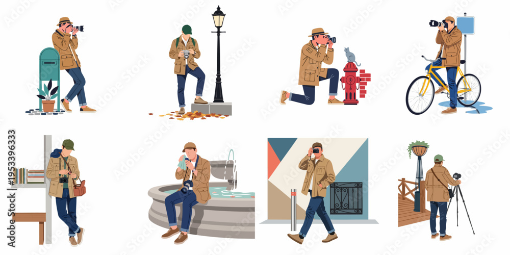 Fototapeta premium Collection of flat vector illustrations depicting a male photographer in various urban scenes, capturing moments with different cameras and gear in a city environment.