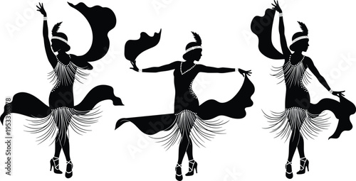 Elegant silhouette of three 1920s flapper dancers in vintage fringe dresses with feathered headbands performing a jazz dance on a white background for retro party. (25 words)