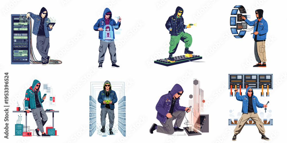 Fototapeta premium Set of Vector Illustrations Featuring Hacker Characters Engaged in Various Cyber Activities, Data Breaches, and Information Security Concepts