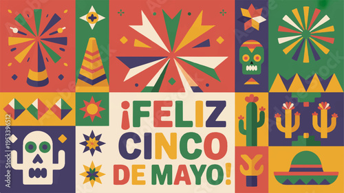 Vibrant cinco de mayo poster with festive icons and colorful decorations for celebration