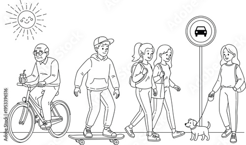 Line art illustration of diverse people enjoying outdoor activities including an elderly man cycling a boy skateboarding and young women walking their dog