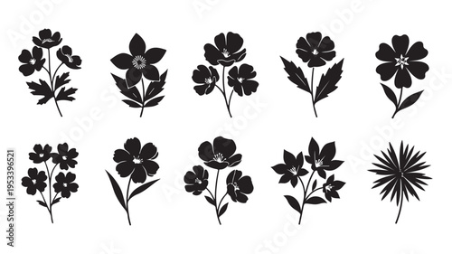 Set of 10 black floral icons vector