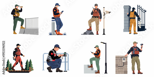 Vector set of security guards and border patrol officers performing various monitoring and surveillance tasks in diverse indoor and outdoor settings.