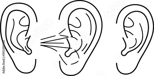 Minimalistic vector line art illustration of human ears with sound wave icons isolated on white background for hearing aid concept and auditory medical design