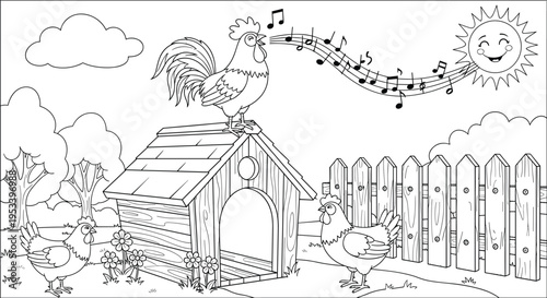Morning farm scene coloring page with a crowing rooster on a wooden coop roof, hens in the yard, smiling sun, fence, and musical notes.