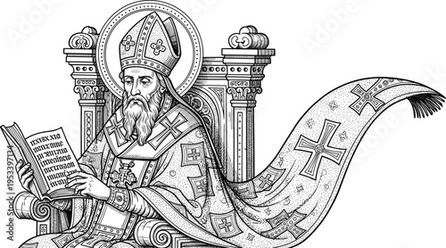 Saint Nicholas or Christian Bishop sitting on an ornate throne reading a holy book in a vintage woodcut engraving style black and white vector.