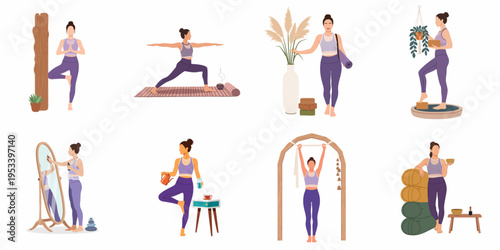 Set of flat illustrations featuring a woman in various yoga poses, wellness rituals, and mindful activities for a healthy lifestyle.