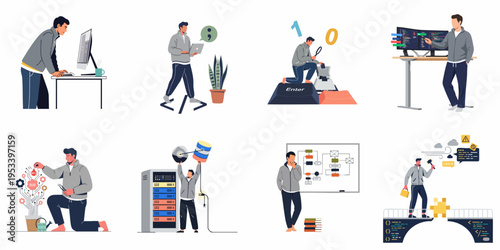 Flat illustration set of a male programmer engaged in coding, debugging, server maintenance, and software development tasks across various creative scenarios.