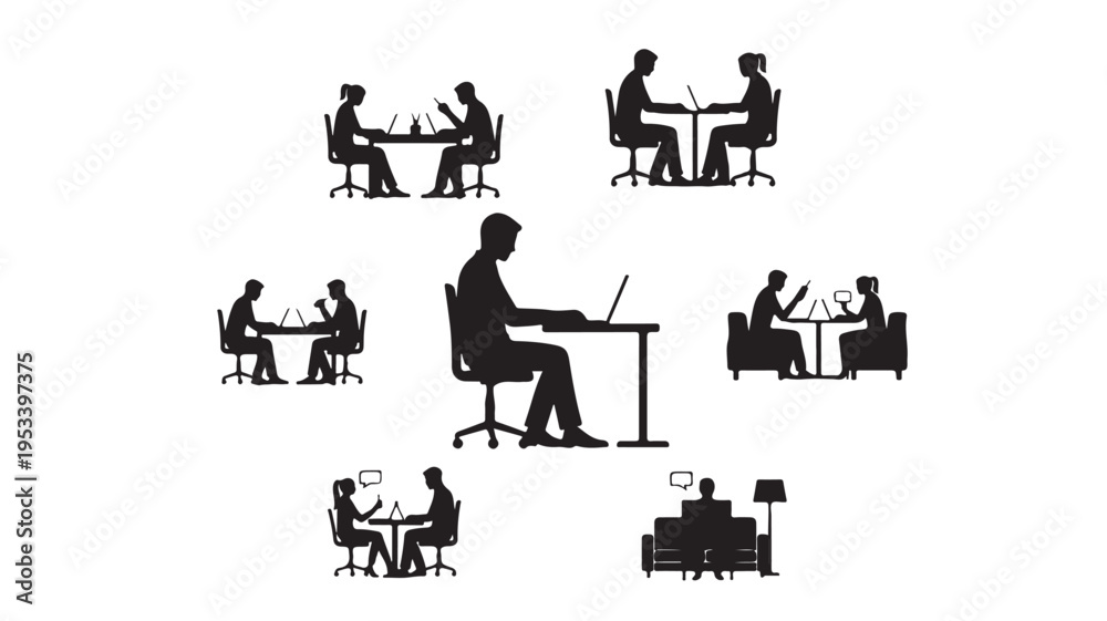 Fototapeta premium Set of 8 black office worker icons vector