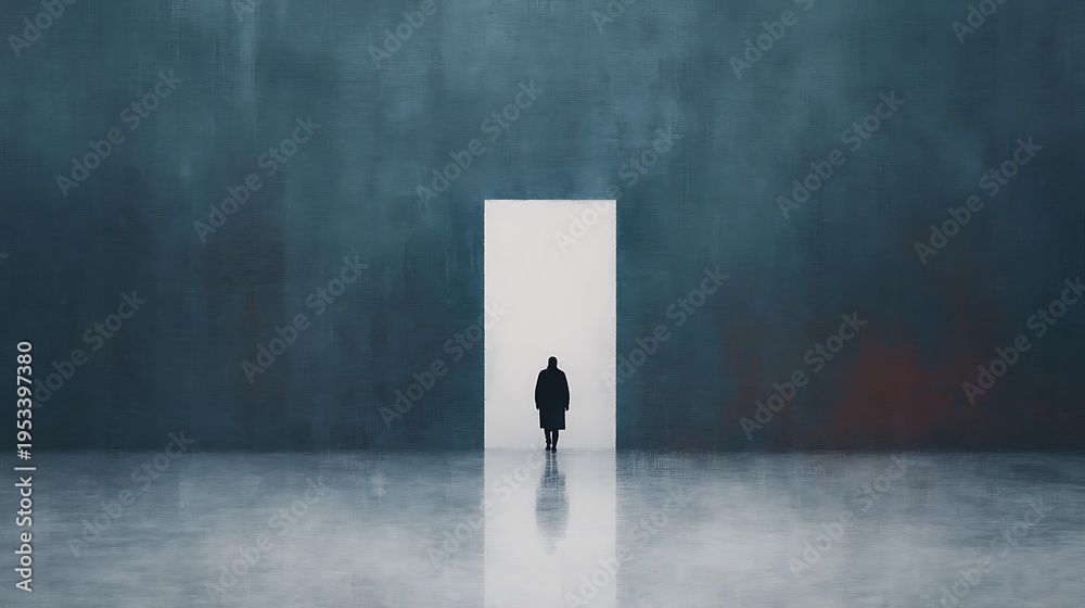 Obraz premium A solitary figure stands before a bright, open doorway in a vast, dark, abstract space, evoking themes of mystery and transition.