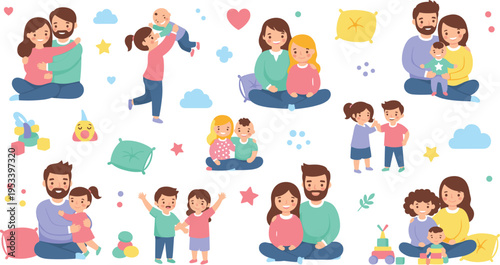 Happy Family with Children Collection Showing Parents and Kids Playing Hugging and Spending Time Together in Cartoon Vector Illustration Style.
