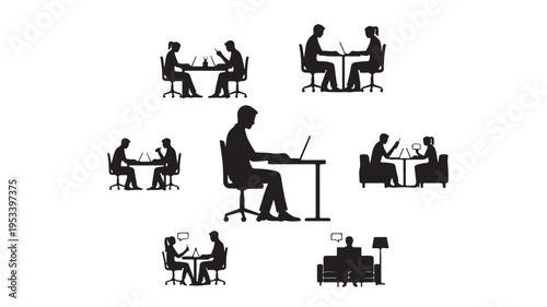 Set of 8 black office worker icons vector