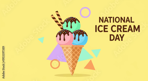 Colorful ice cream cone with three scoops and chocolate sauce on national ice cream day