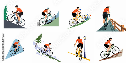 Collection of flat vector illustrations featuring diverse male and female road cyclists training, climbing, and riding in various outdoor environments.