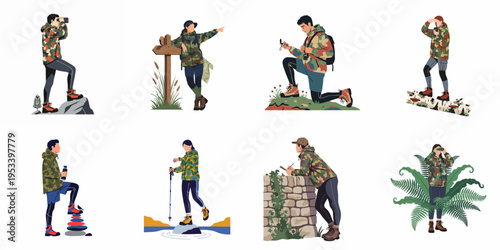 Flat vector illustration set of people in camouflage clothing enjoying various outdoor activities like hiking, birdwatching, and navigating in nature.