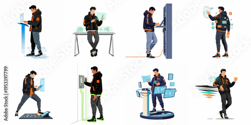 Set of flat illustrations featuring a young man interacting with various futuristic technology interfaces, data servers, and holographic screens in a cyberpunk style.